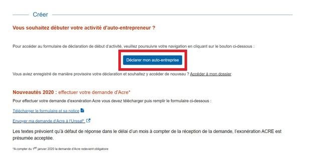 Sélectionner “Déclarer mon auto-entreprise” sur la page suivante